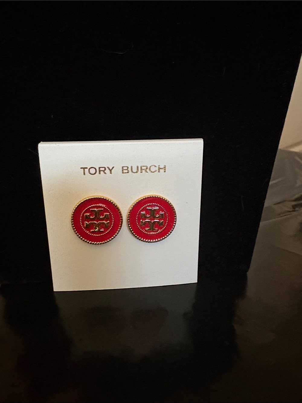 Tory Burch Gold and Red Enamel Logo Button Earrings